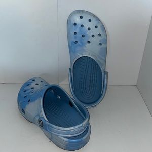Blue tie-dye crocs